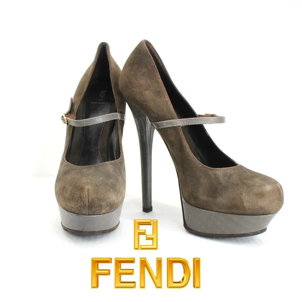 Fendi Olive Suede Croc Platform Pumps Sz 40 Ankle Strap Mary Jane Stiletto Heels